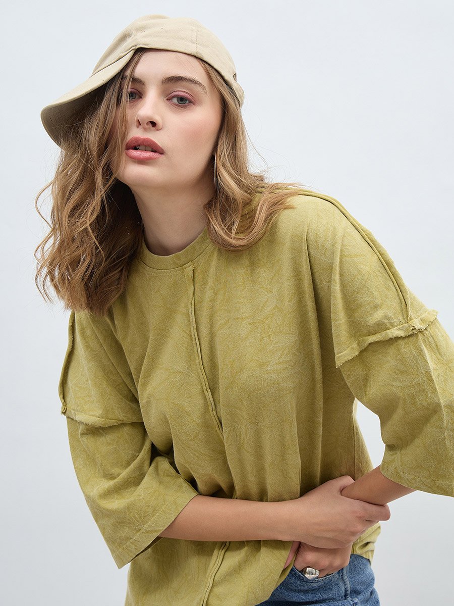 Oversized Washed 100% Cotton T-Shirt with Exposed Seam