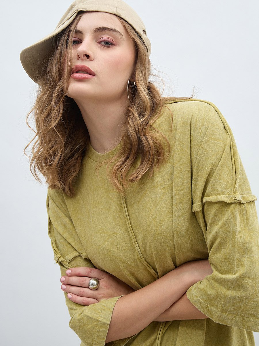 Oversized Washed 100% Cotton T-Shirt with Exposed Seam