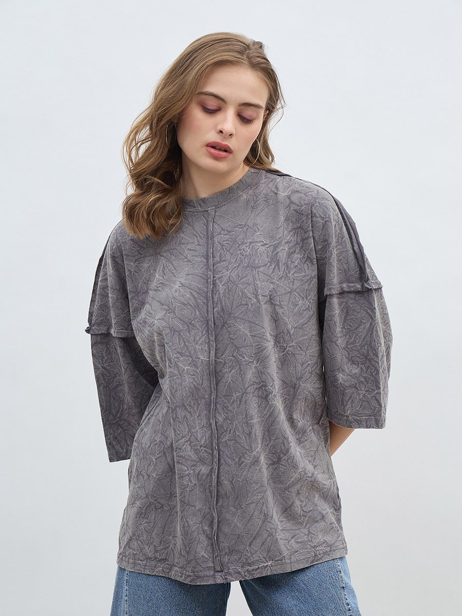 Oversized Washed 100% Cotton T-Shirt with Exposed Seam