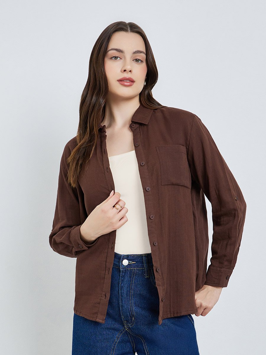 Women Cotton Oversized Shirt with Roll-Up Sleeves
