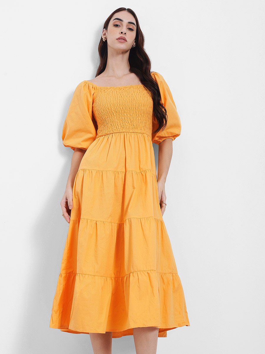 Square Neck Tiered Midi Dress