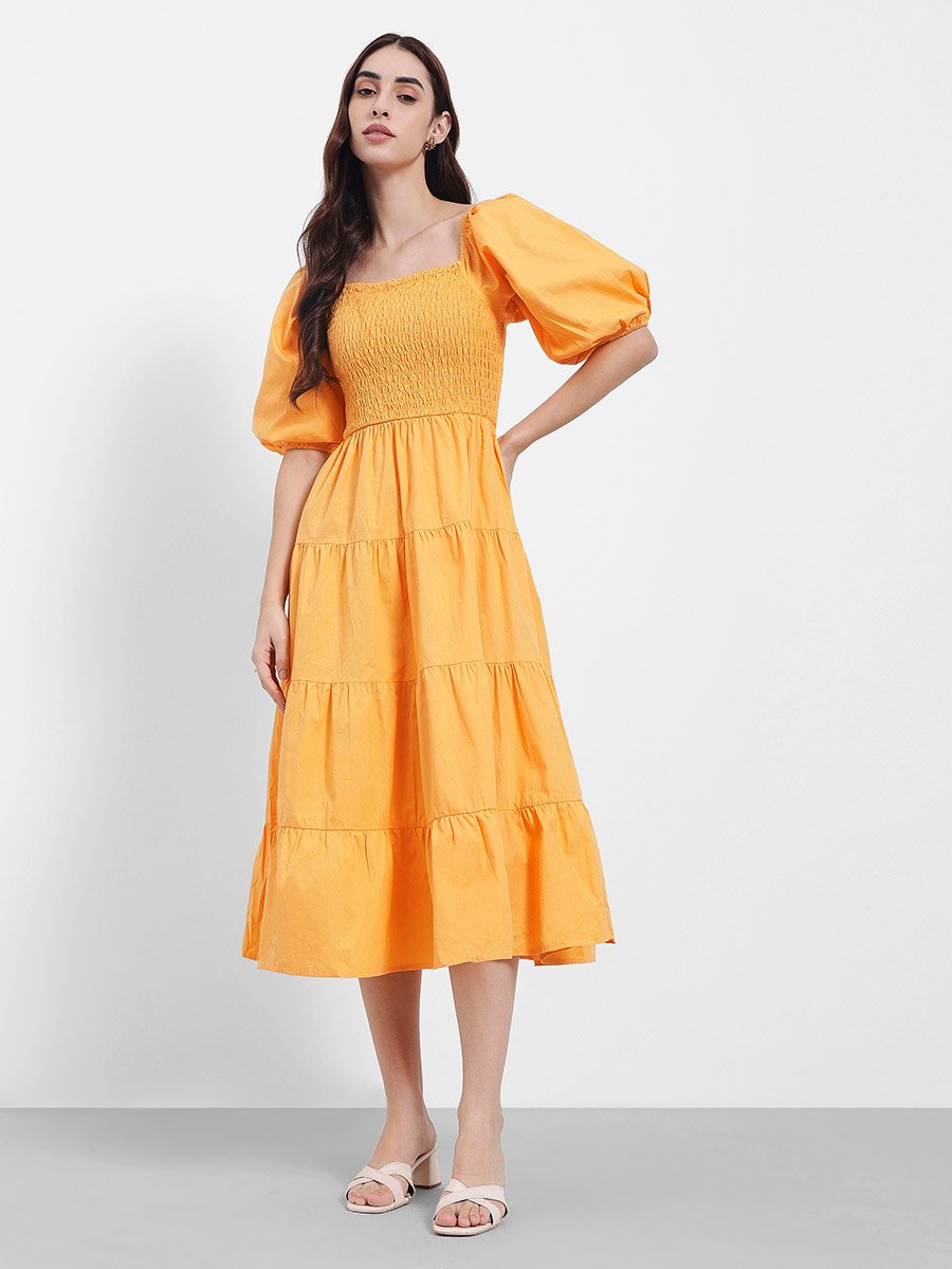 Square Neck Tiered Midi Dress