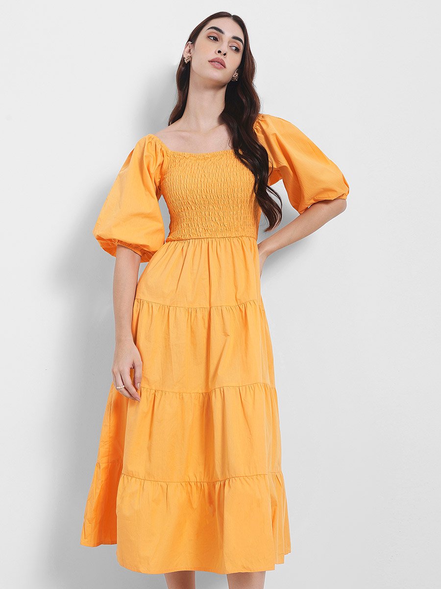 Square Neck Tiered Midi Dress