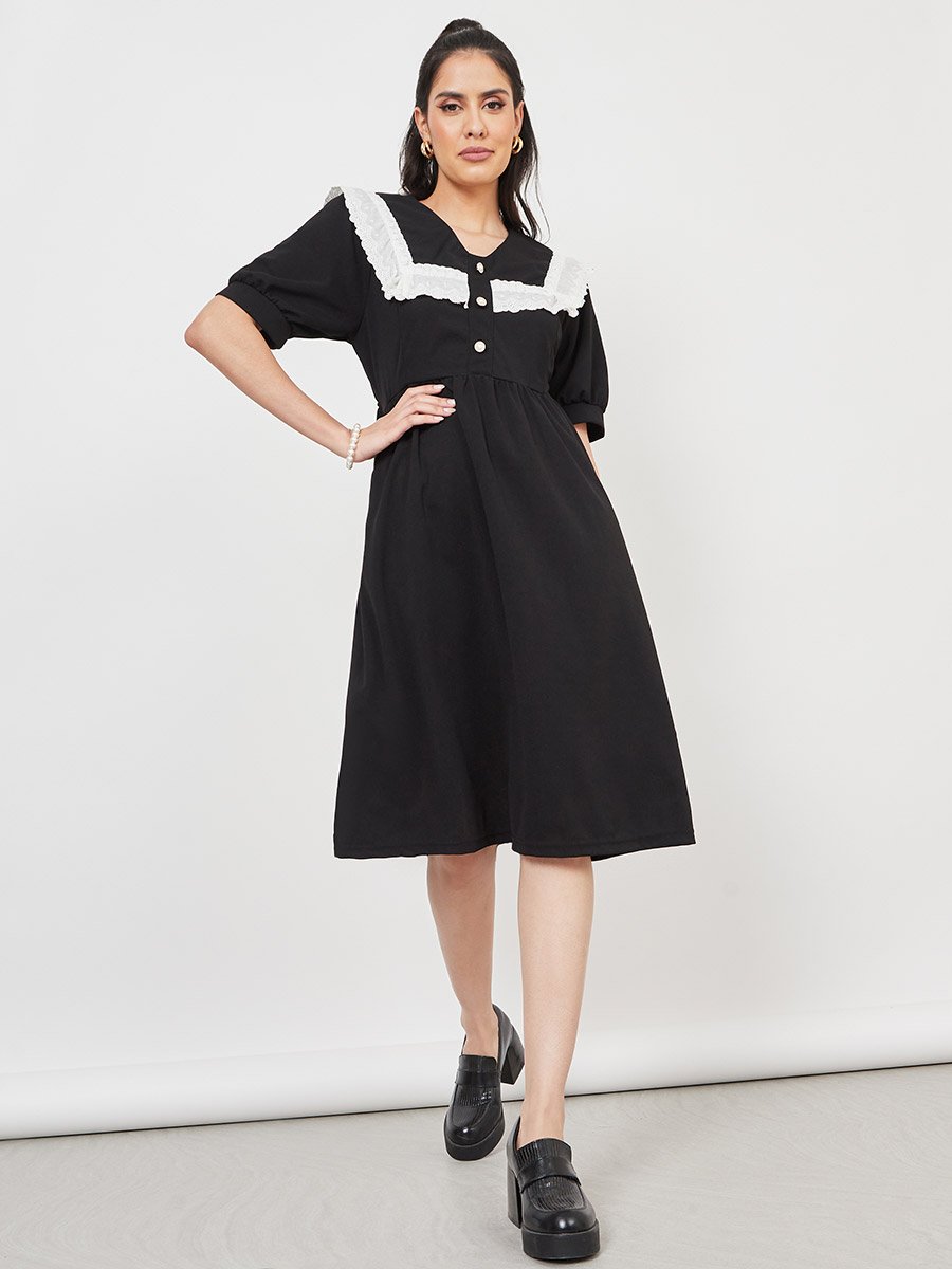 Contrast Lace Detail A-Line Midi Dress For Women at Saudi | Styli
