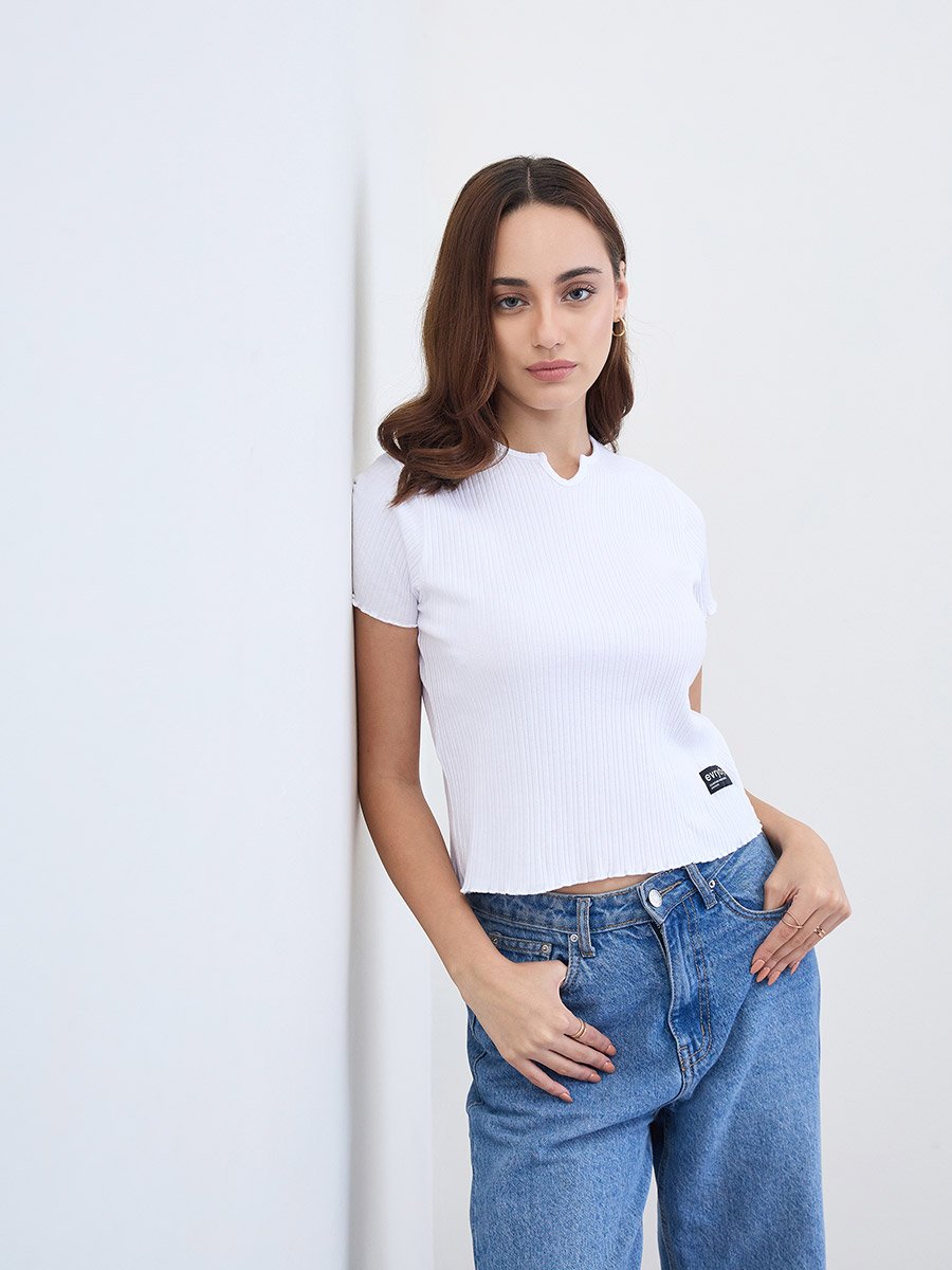 Regular Fit Lettuce Edge Ribbed Crop T-Shirt