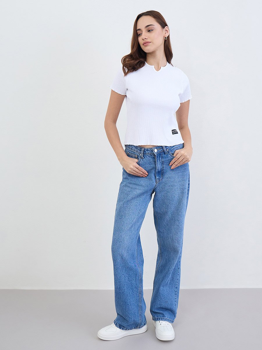 Regular Fit Lettuce Edge Ribbed Crop T-Shirt