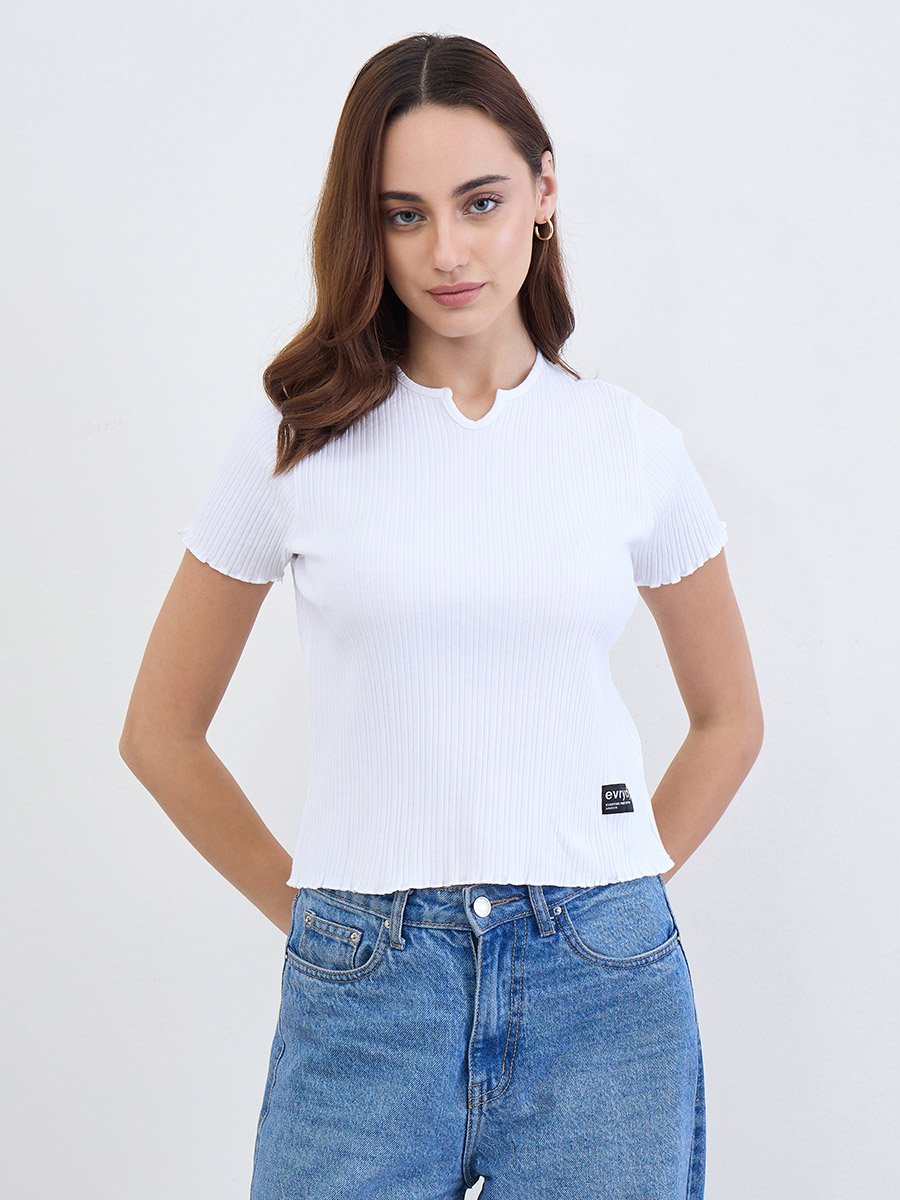 Regular Fit Lettuce Edge Ribbed Crop T-Shirt