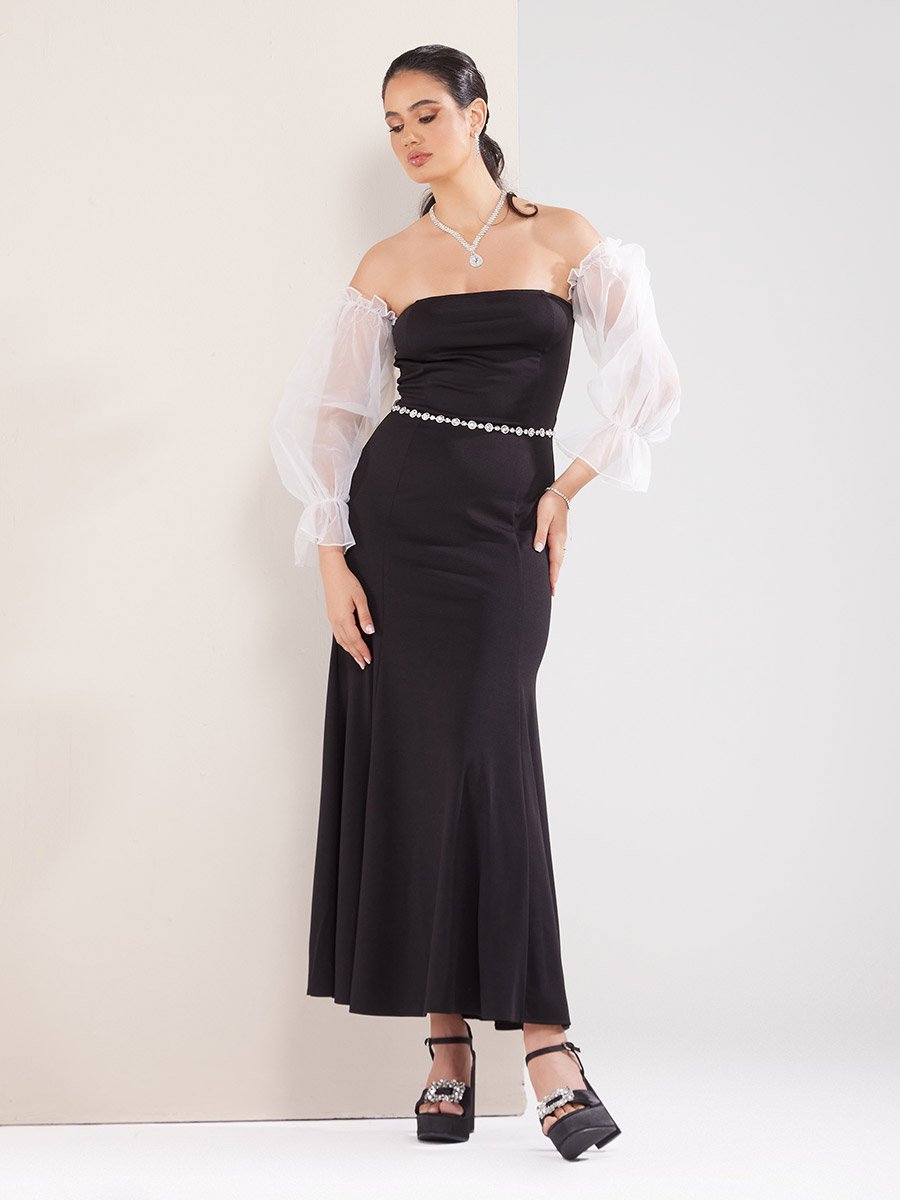 Bandeau Neck Volume Organza Sleeves Maxi Dress For Women at Kuwait | Styli