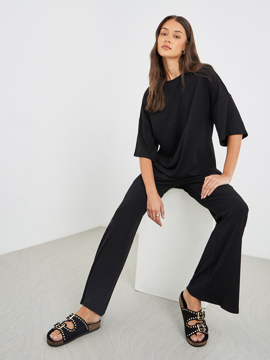 Ribbed Oversized T-Shirt and Flared Trouser Co-Ords Set