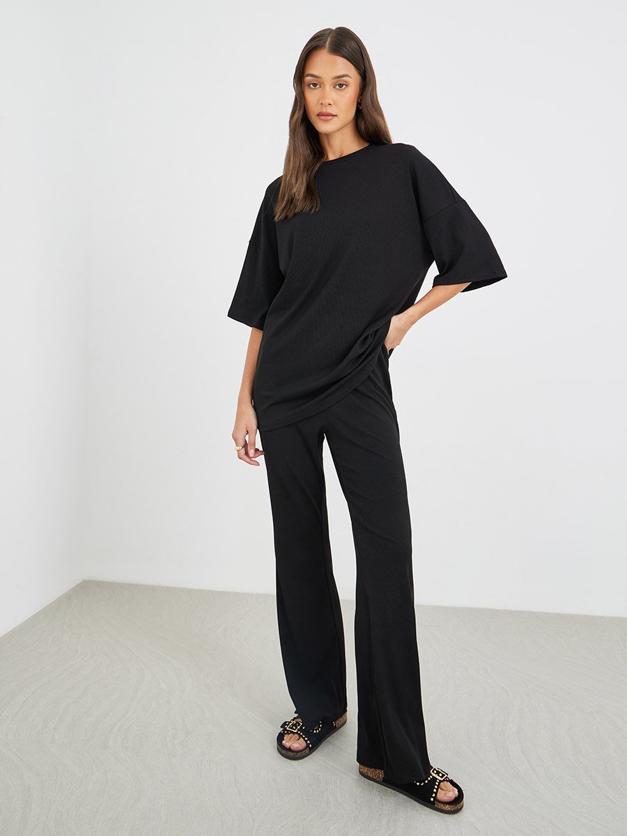Ribbed Oversized T-Shirt and Flared Trouser Co-Ords Set