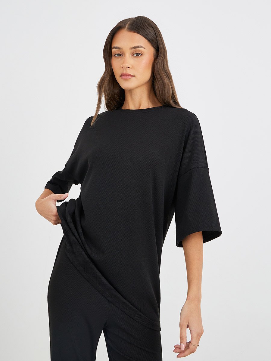 Ribbed Oversized T-Shirt and Flared Trouser Co-Ords Set