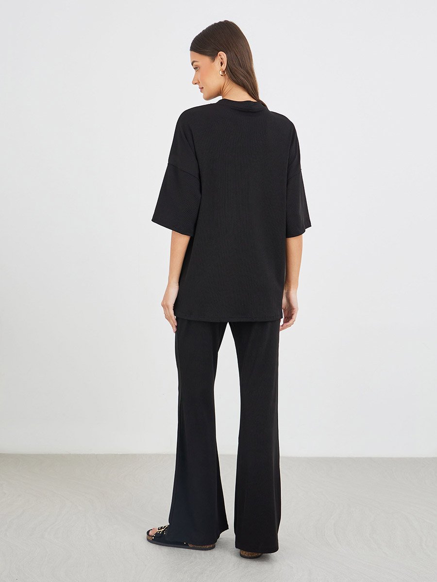 Ribbed Oversized T-Shirt and Flared Trouser Co-Ords Set