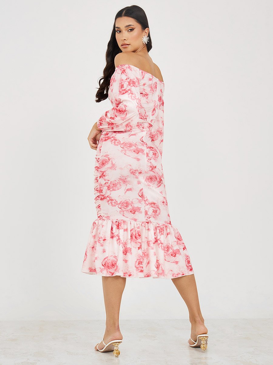 Off Shoulder Floral Bodycon Midi Dress For Women at Kuwait | Styli Off Shoulder Floral Bodycon Midi Dress For Women at Kuwait | Styli