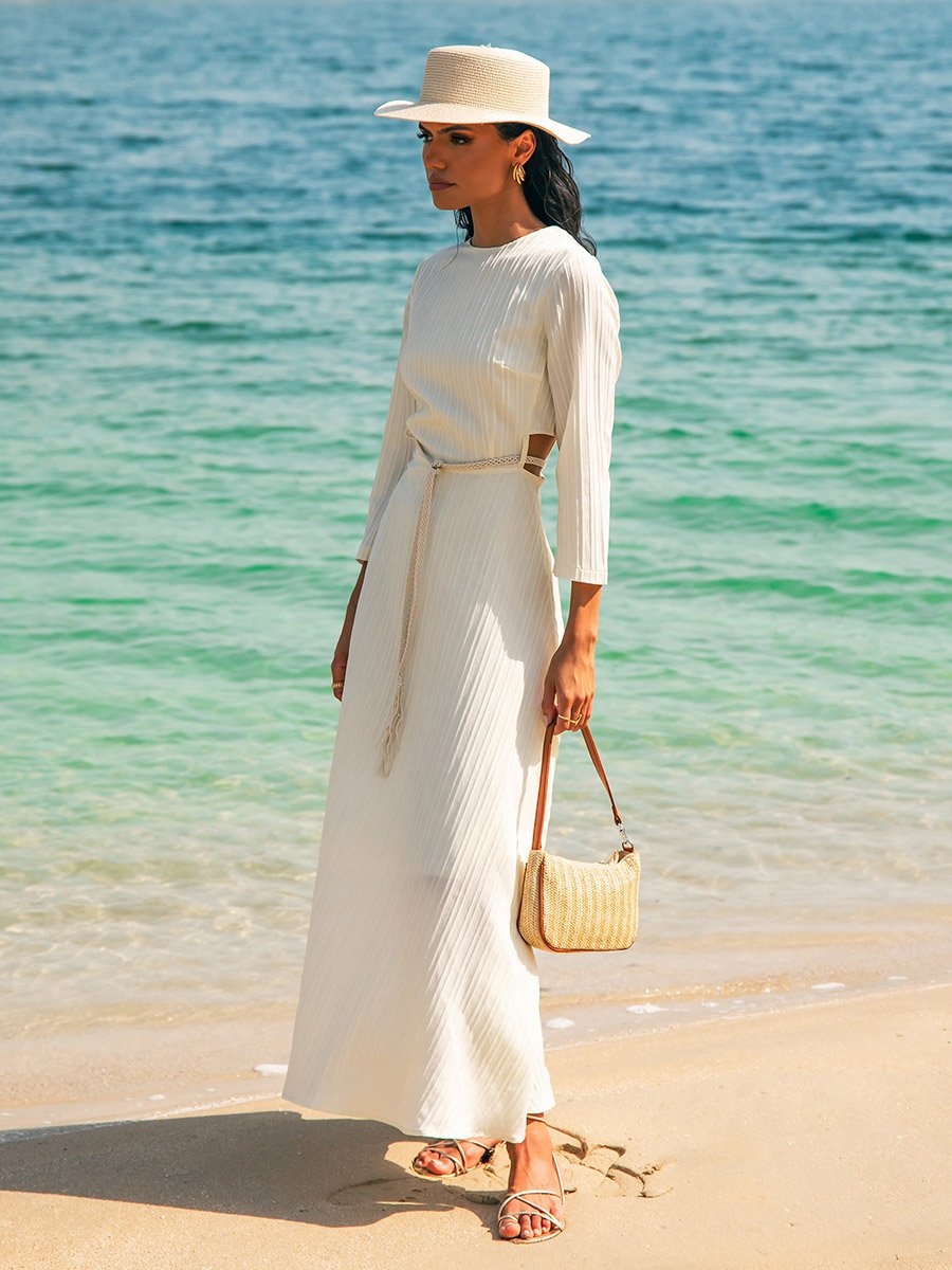 Textured A-Line Maxi Dress with Cut-Out Waist For Women at Saudi | Styli