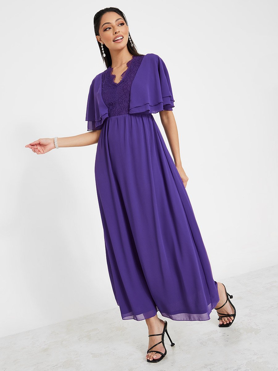 Lace Panel Flare Sleeve A-Line Maxi Dress For Women at Bahrain | Styli