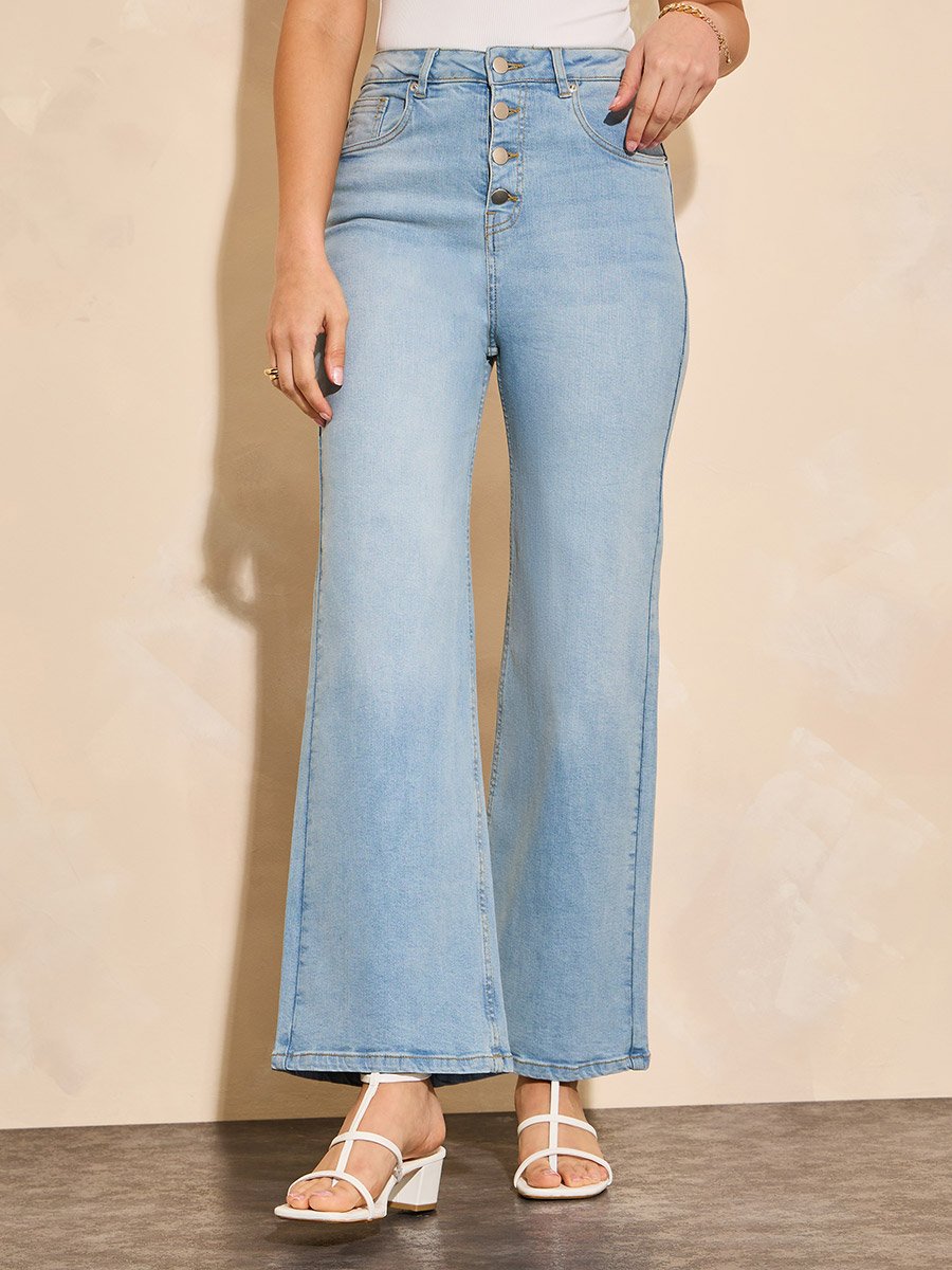 High Rise Button-Fly Wide Leg Ankle Length Jeans