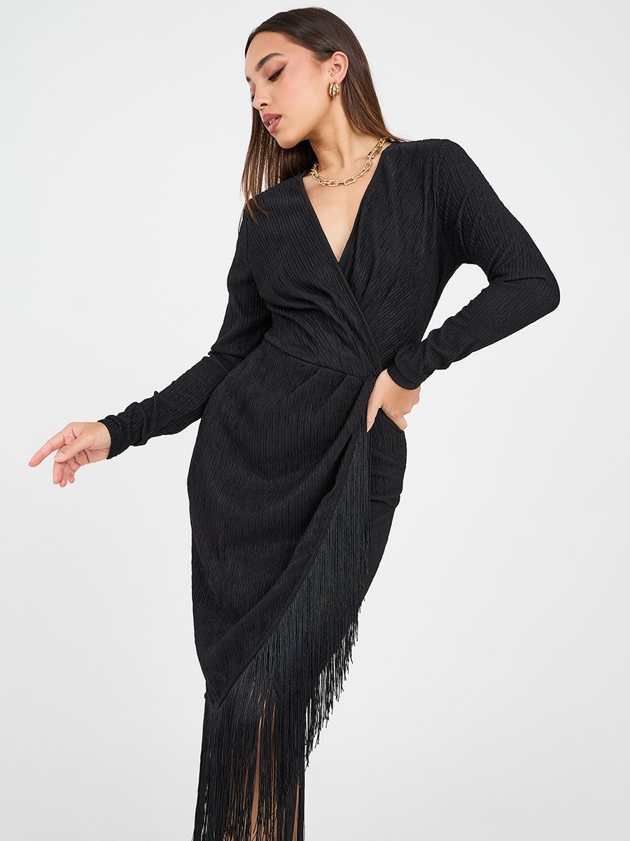 Textured Wrap Front Midi Dress with Fringes For Women at Saudi | Styli