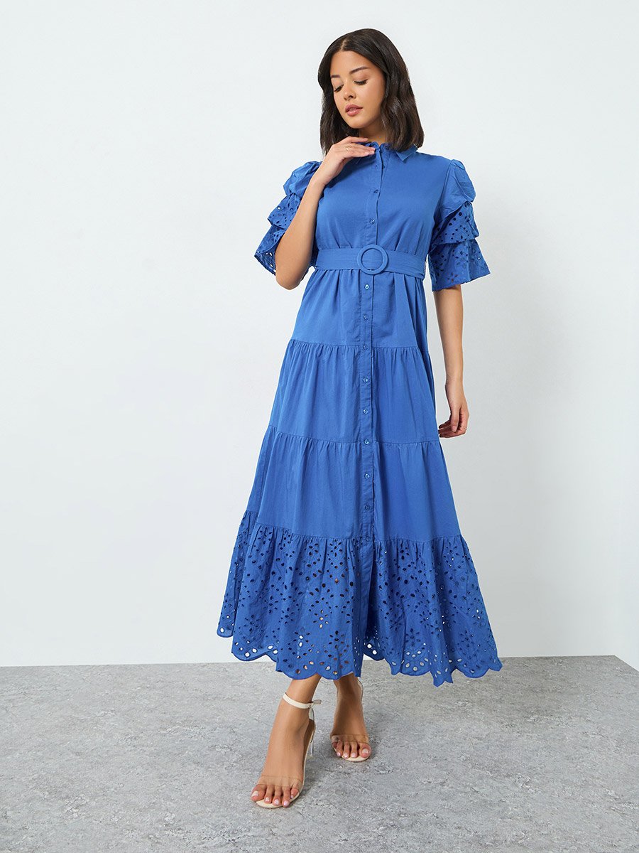 Blue Schiffli Tiered Cotton Maxi Dress with Belt