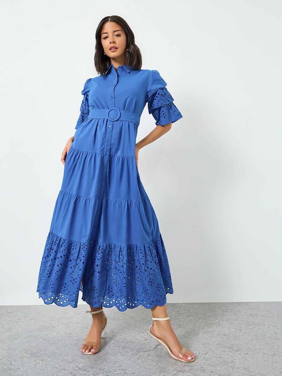 Blue Schiffli Tiered Cotton Maxi Dress with Belt