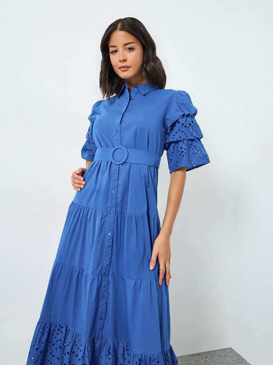 Blue Schiffli Tiered Cotton Maxi Dress with Belt