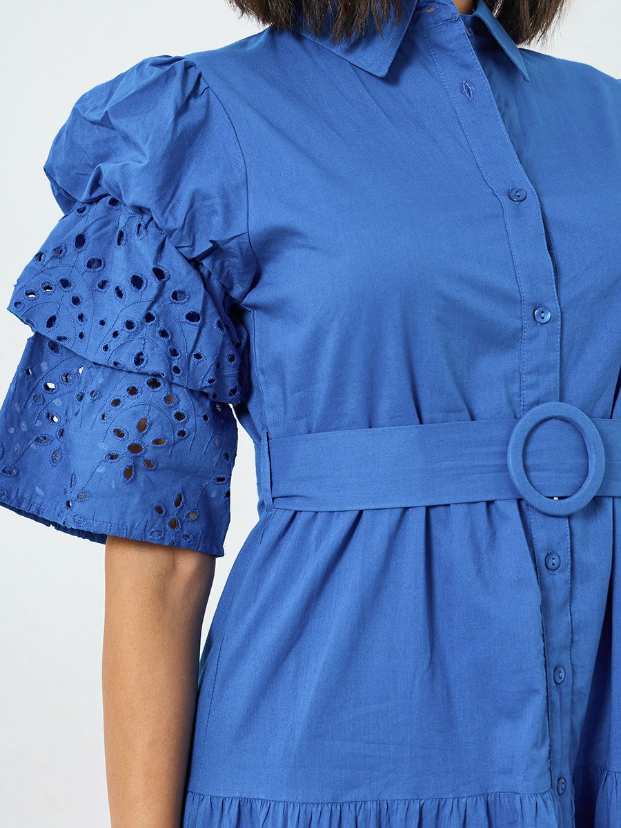Blue Schiffli Tiered Cotton Maxi Dress with Belt