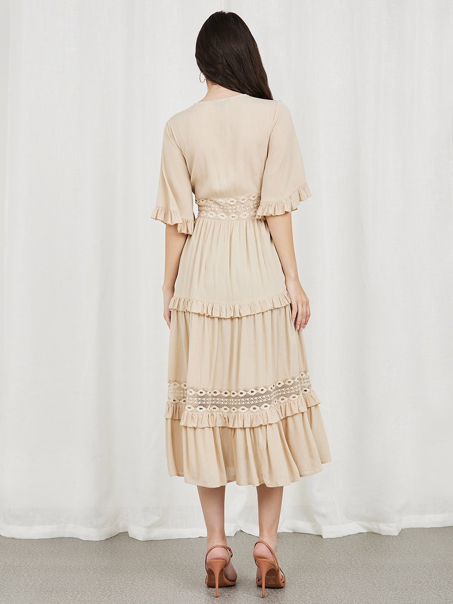 Crepe Mesh Insert Frill Detail Tiered Midi Dress For Women at Saudi | Styli