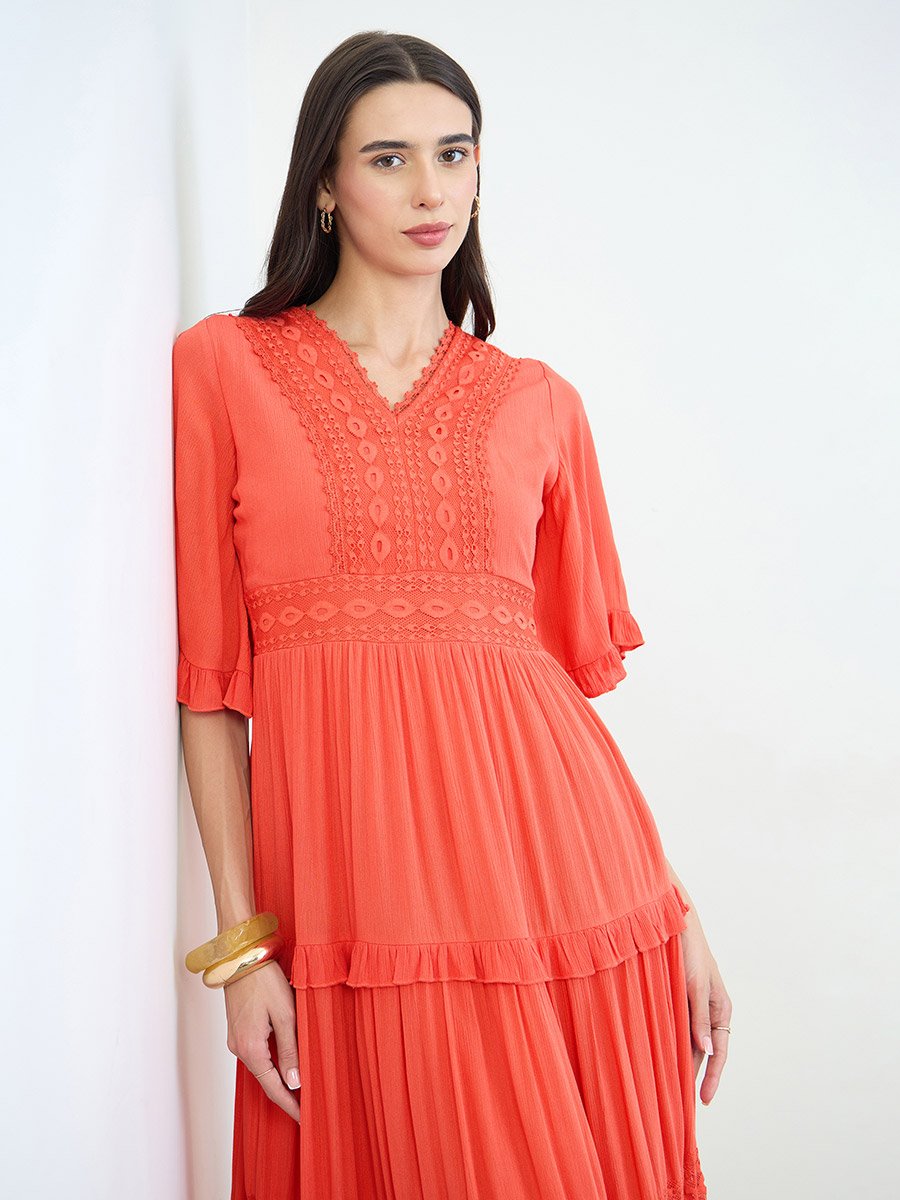 Orange Lace Trim Tiered Midi Dress