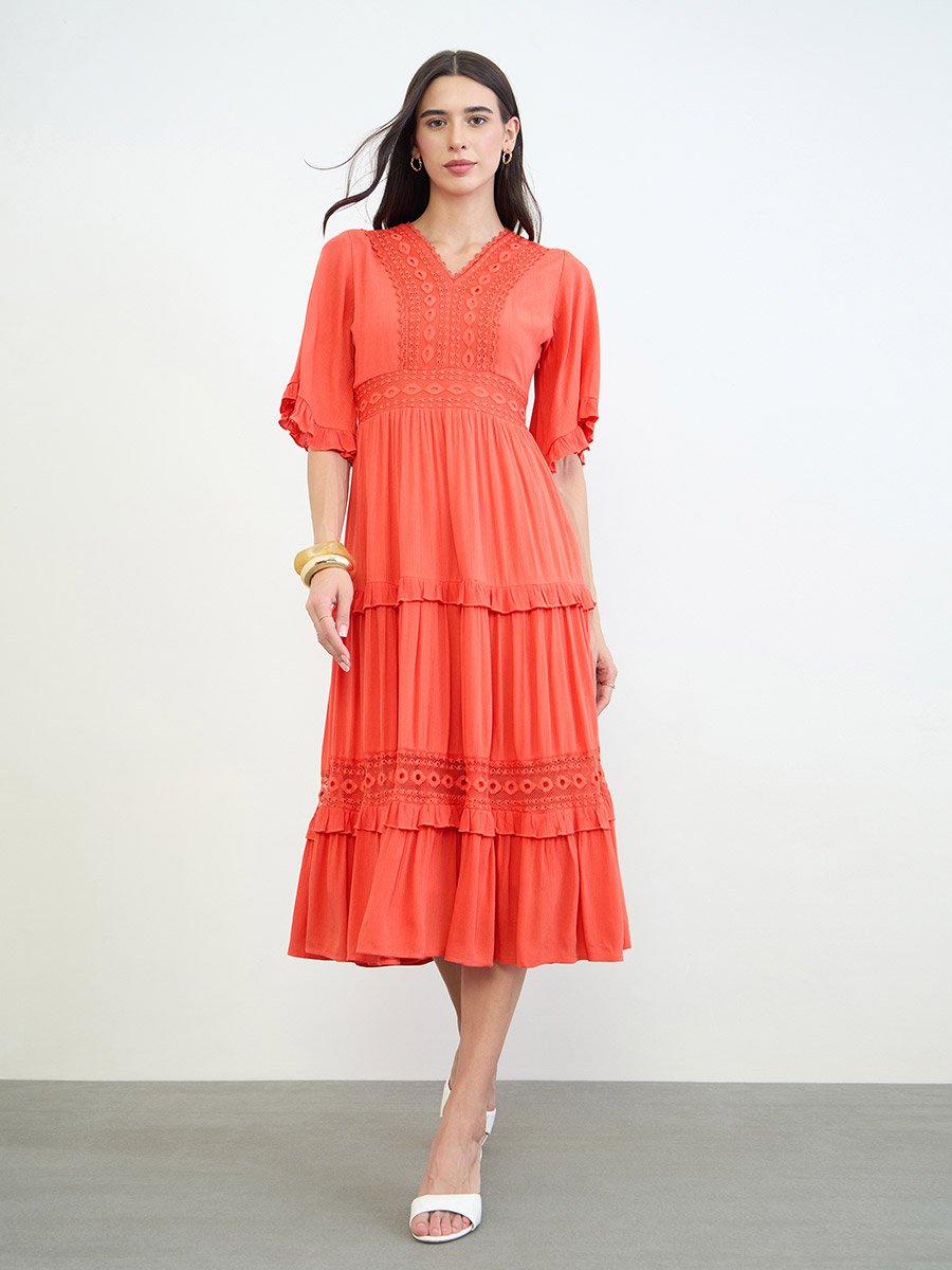 Orange Lace Trim Tiered Midi Dress