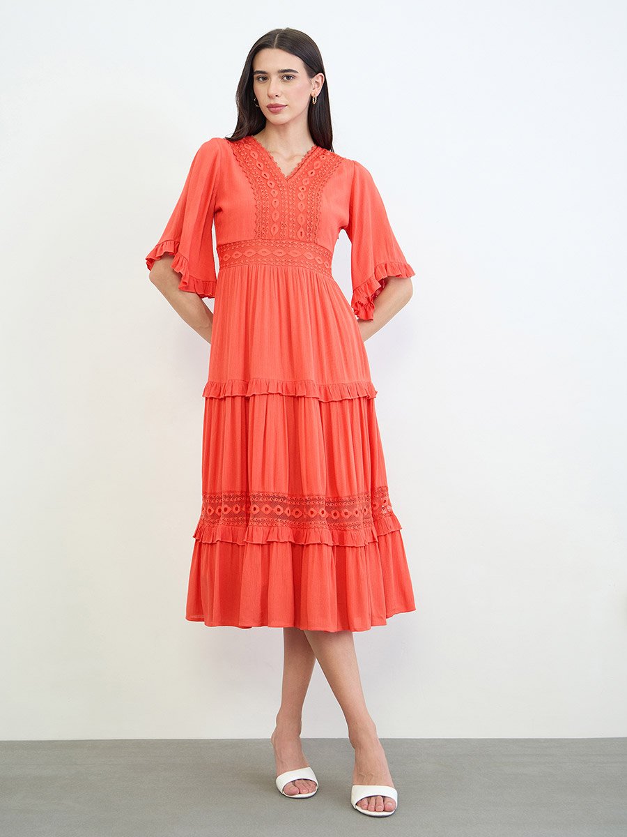 Orange Lace Trim Tiered Midi Dress