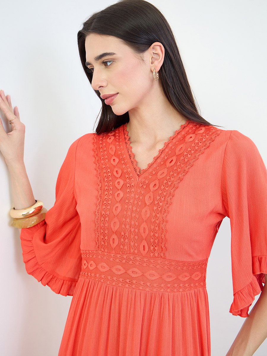 Orange Lace Trim Tiered Midi Dress