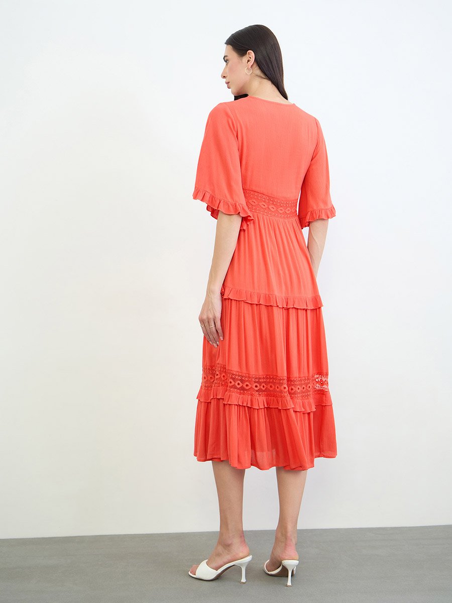 Orange Lace Trim Tiered Midi Dress