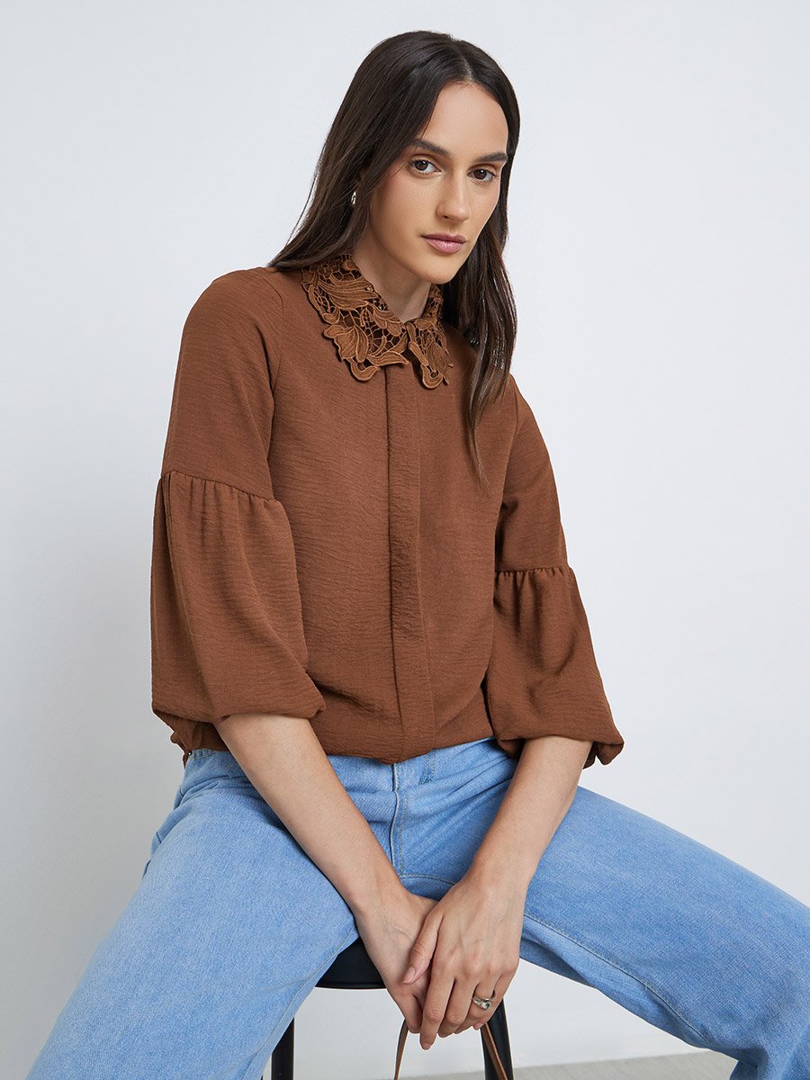 Lace Collar Placket Detail Relaxed Fit Shirt