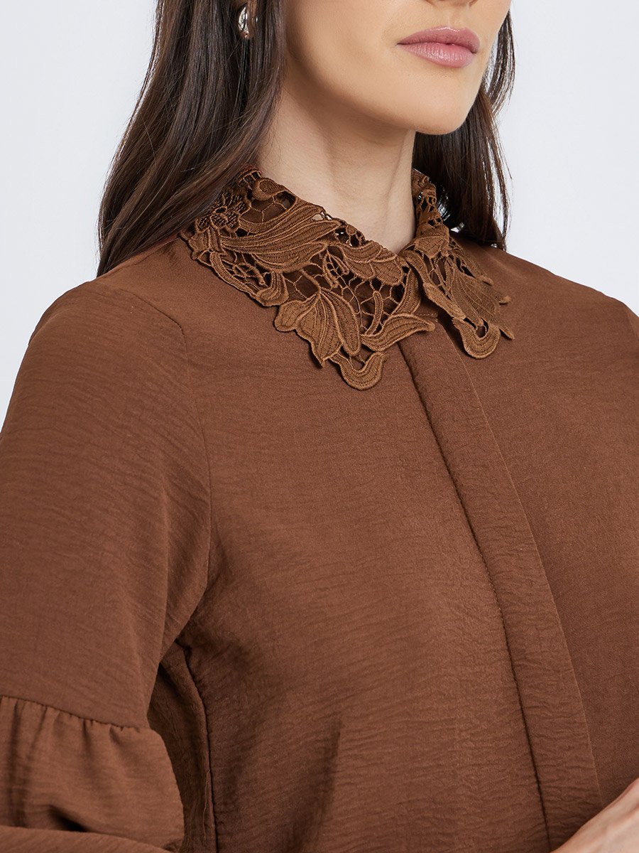 Lace Collar Placket Detail Relaxed Fit Shirt
