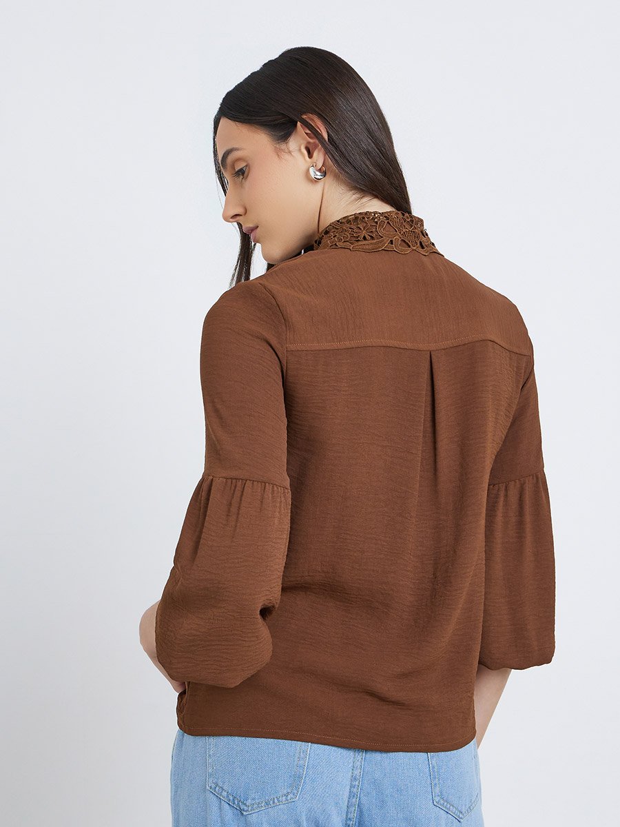 Lace Collar Placket Detail Relaxed Fit Shirt