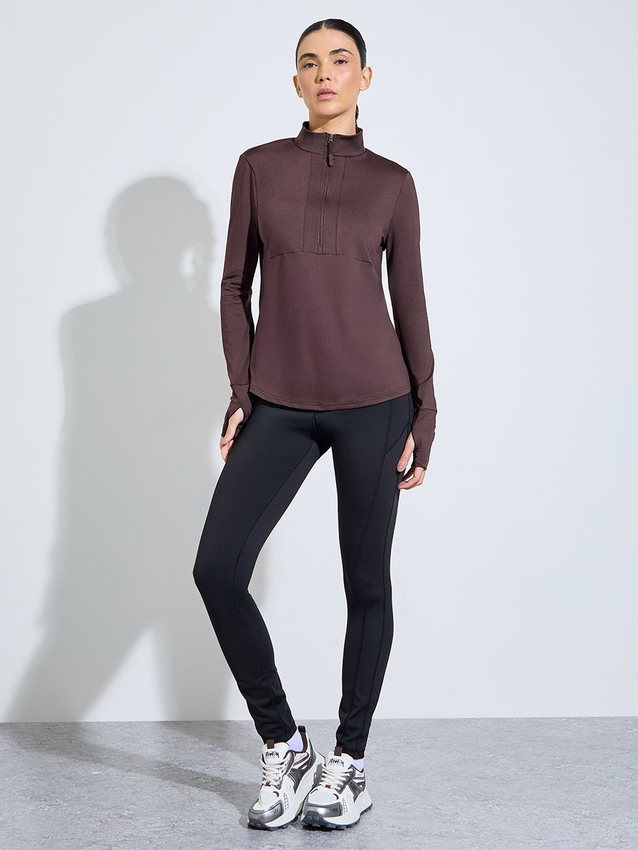 Brown Half Zip-Up Multi Panel Seam Thumbhole Detail Top