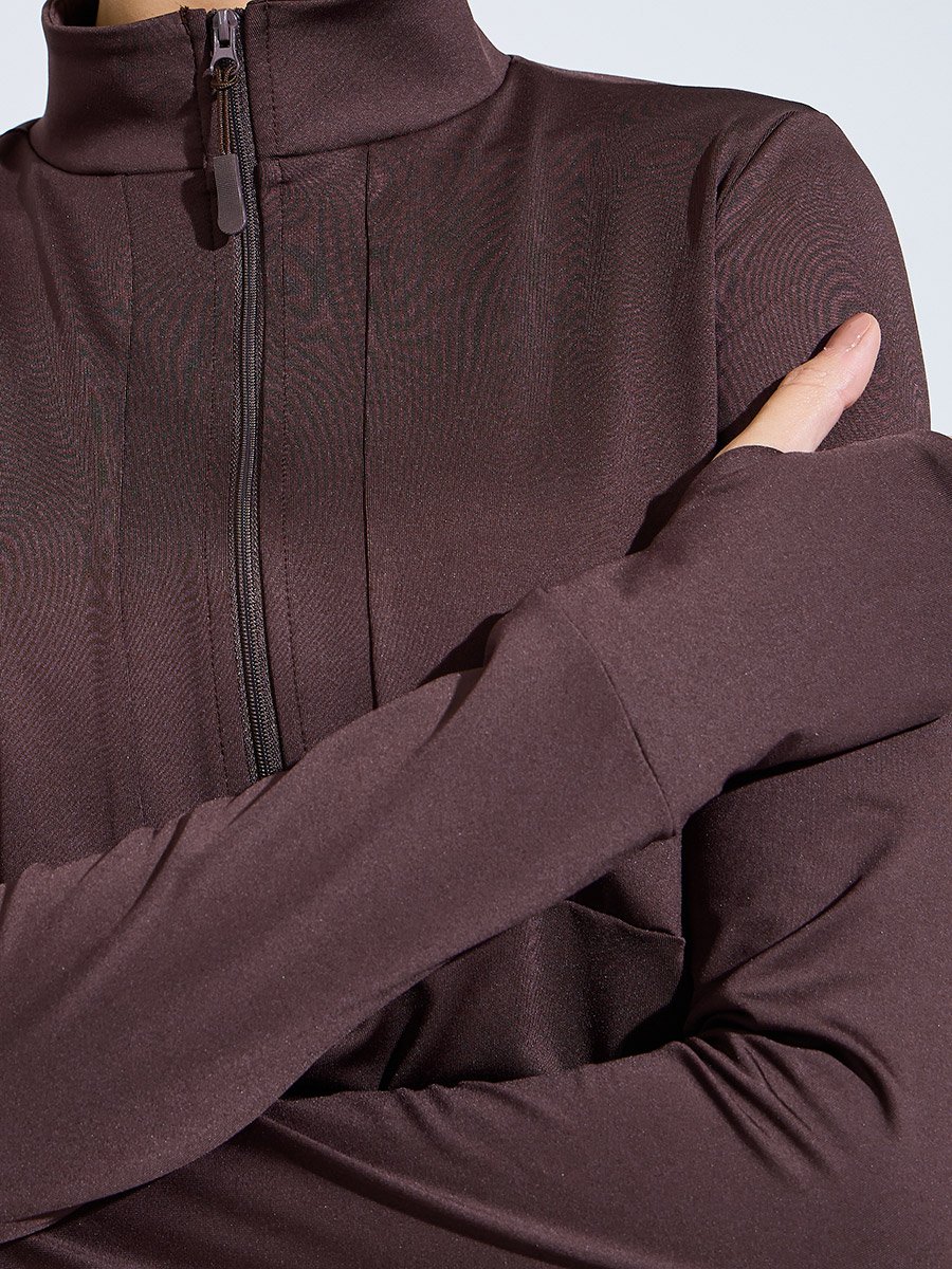Brown Half Zip-Up Multi Panel Seam Thumbhole Detail Top