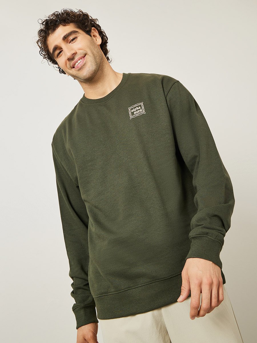 Olive Minimal Print Relaxed Fit Sweatshirt