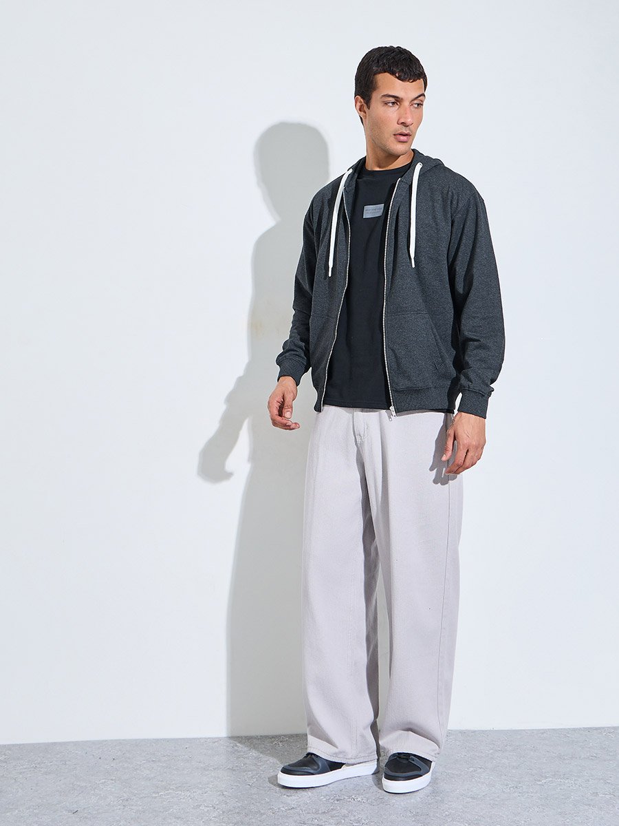 Relaxed Fit Zip Hoodie with Contrast Drawcord