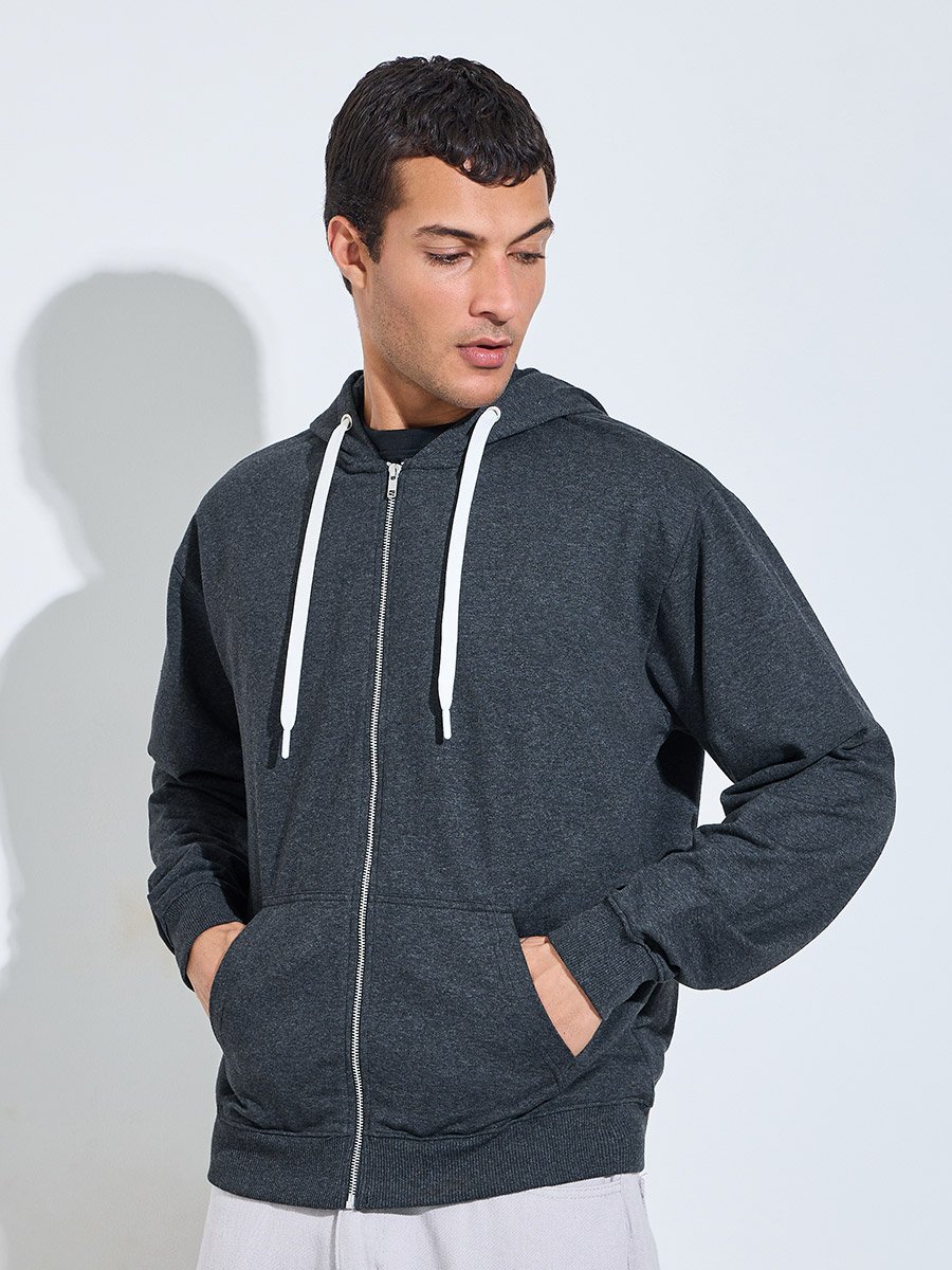 Relaxed Fit Zip Hoodie with Contrast Drawcord