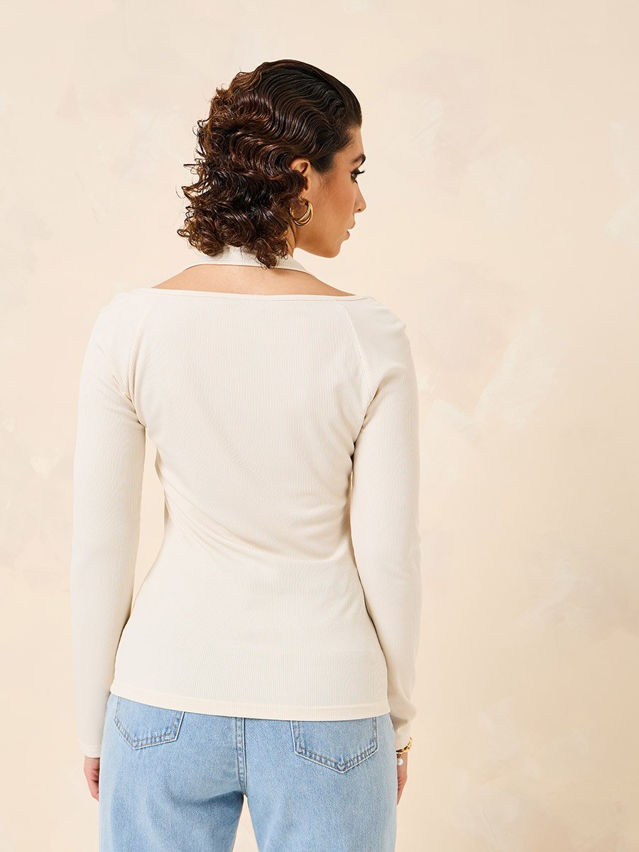 Halter Neck Long Sleeve Ribbed Fitted Top For Women at UAE | Styli
