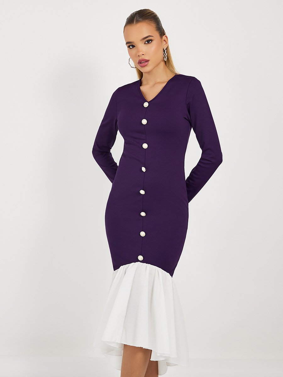 Color Block Mermaid Hem Bodycon Midi Dress