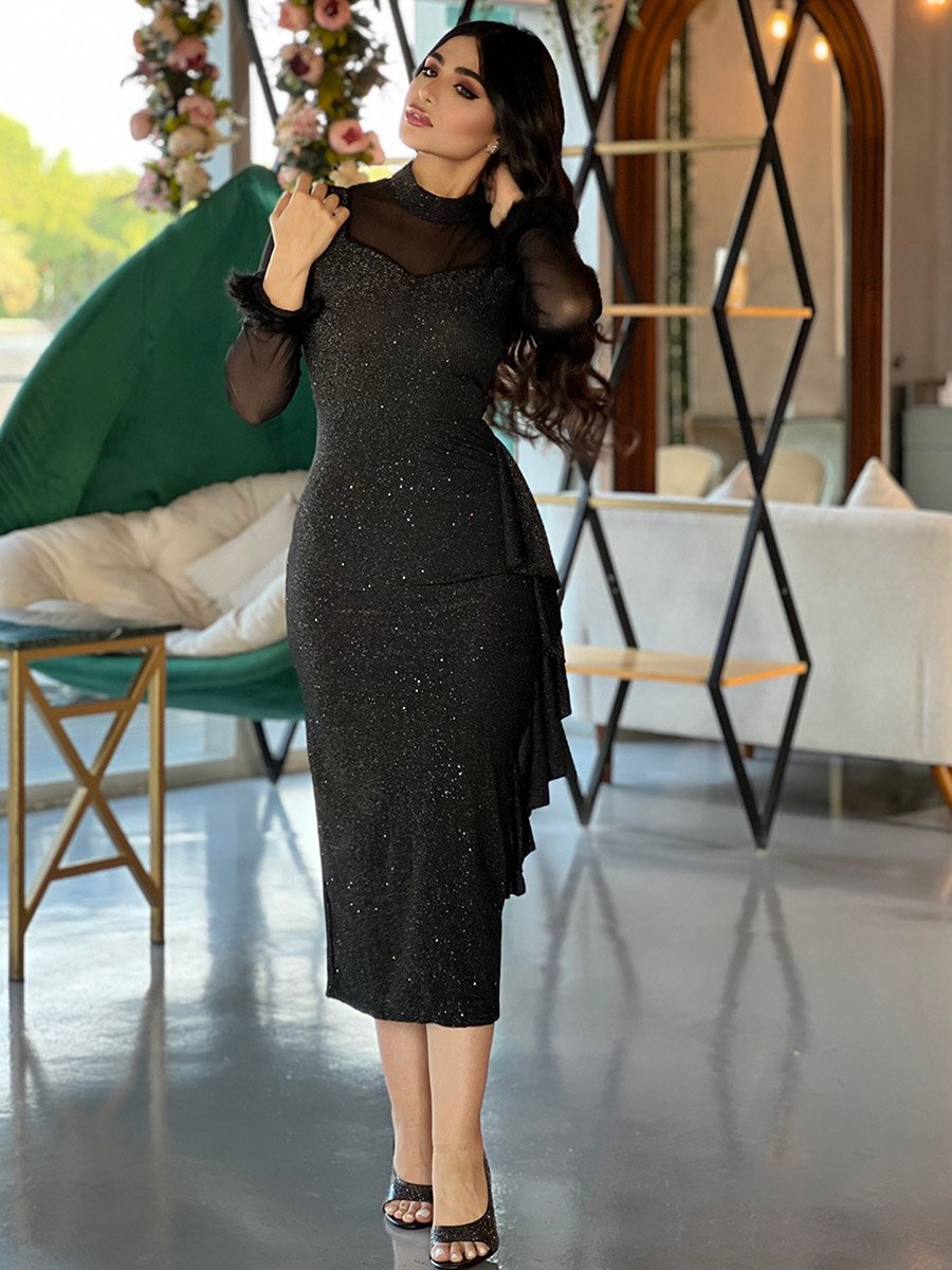 Mesh Bodycon Midi Dress with Ruffled Edge For Women at Saudi | Styli Mesh Bodycon Midi Dress with Ruffled Edge For Women at Saudi | Styli