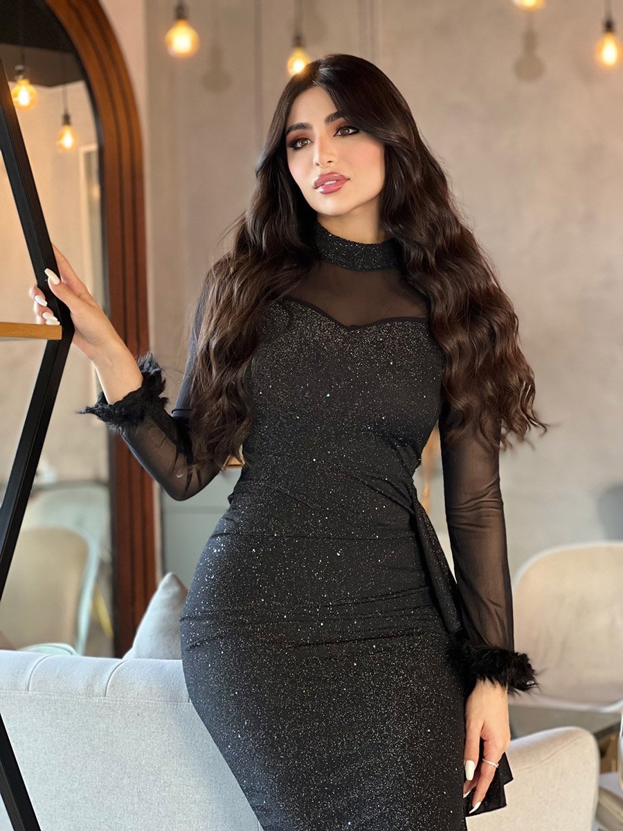 knee length dresses for ladies Long Sleeve Mesh Bodycon Midi Dress – Bel-Amir Couture main image 0
