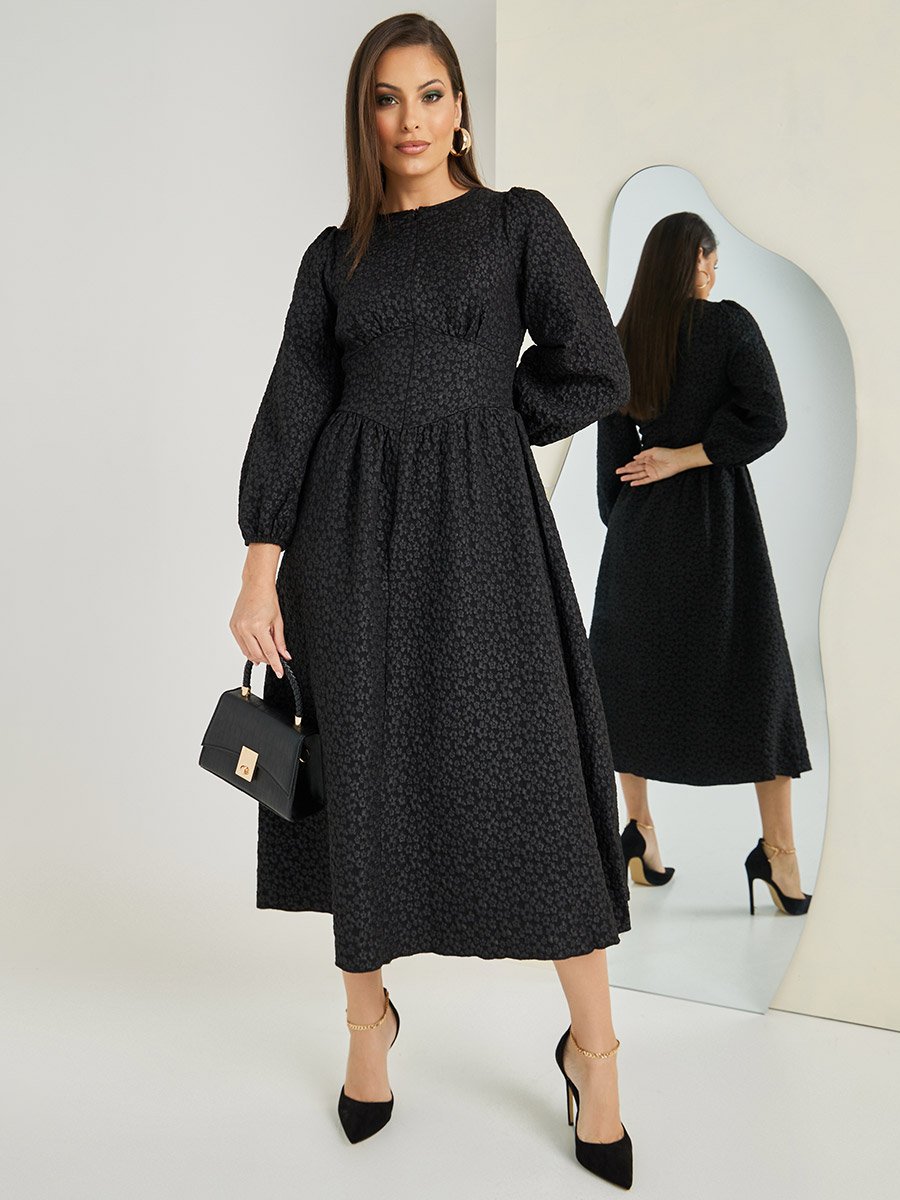 Floral Textured Fit and Flare A-Line Midi Dress For Women at Qatar | Styli