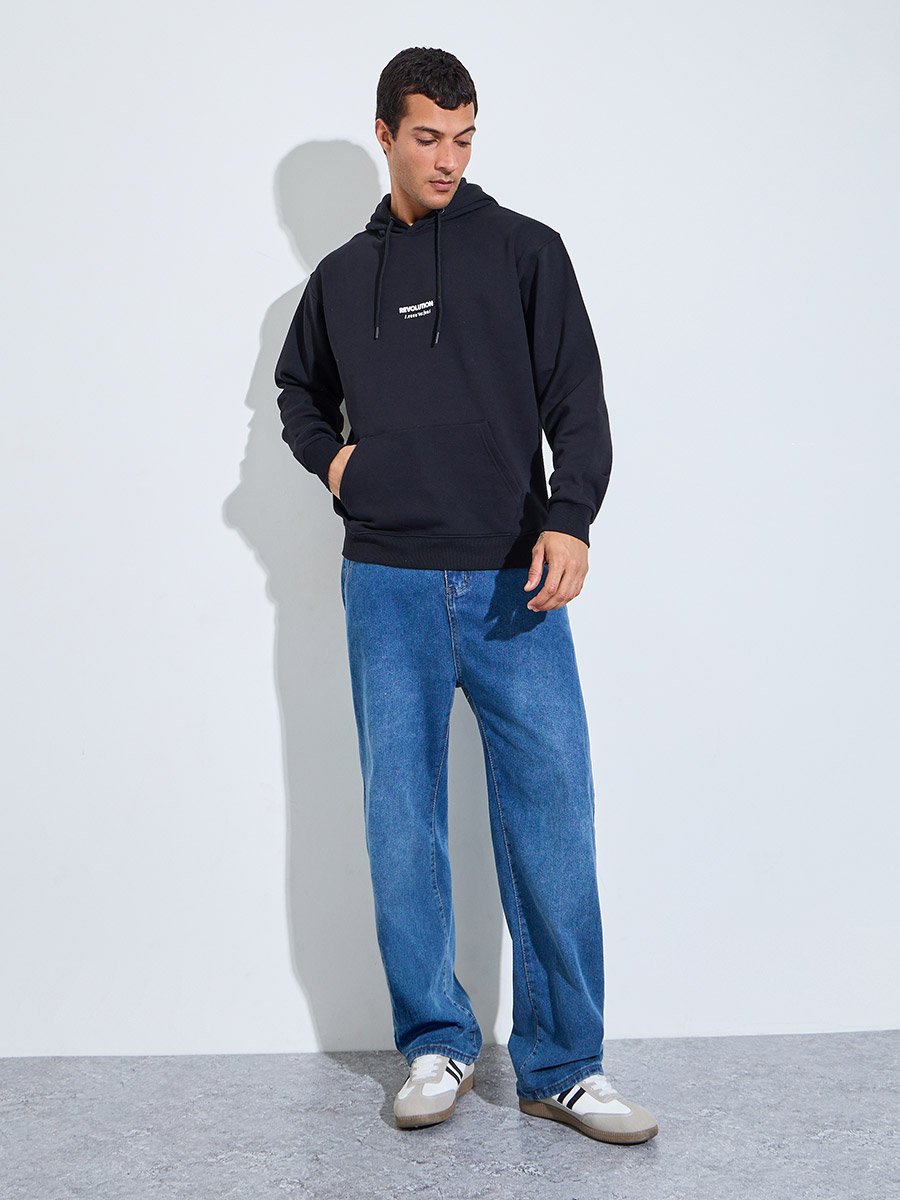Black Relaxed Fit Puff Print Fleece Hoodie