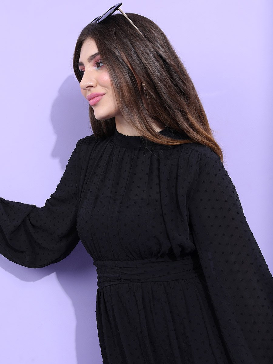 Dobby High Neck A-Line Mini Dress For Women at Saudi | Styli