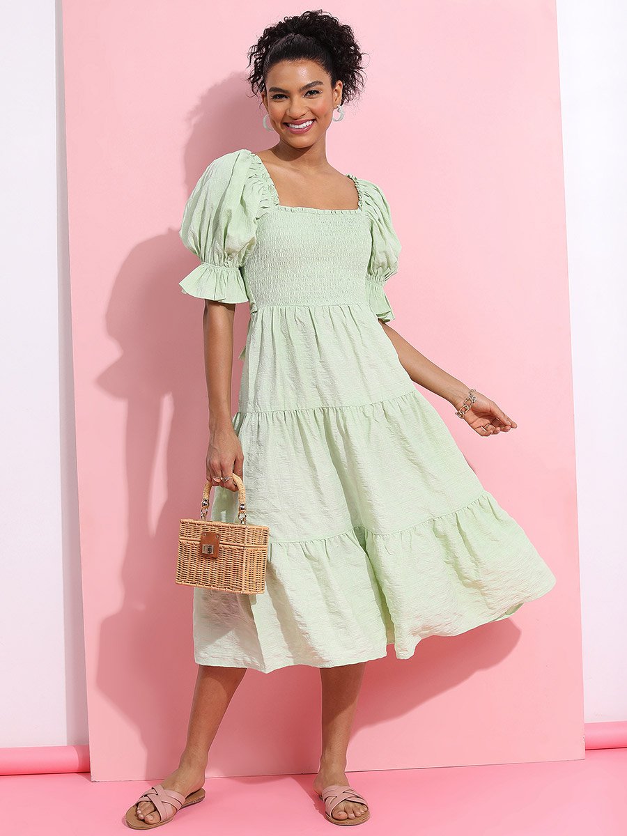 Tie Back Puff Sleeve Tiered Midi Dress For Women at Kuwait | Styli