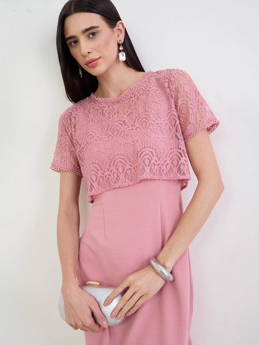 Pink Lace Overlay Sheath Knee Length Dress For Women at Kuwait | Styli