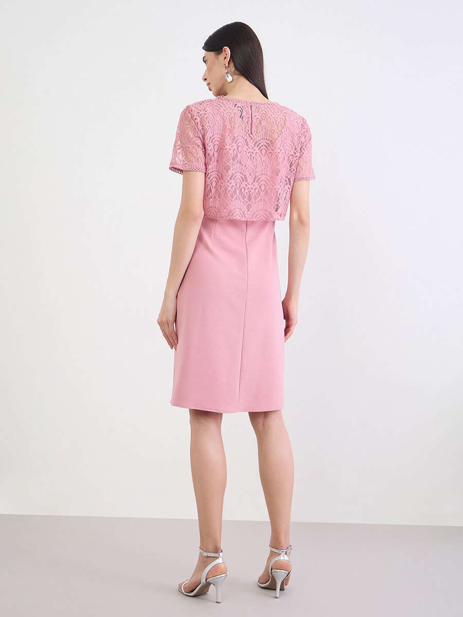 Pink Lace Overlay Sheath Knee Length Dress For Women at Kuwait | Styli Pink Lace Overlay Sheath Knee Length Dress For Women at Kuwait | Styli