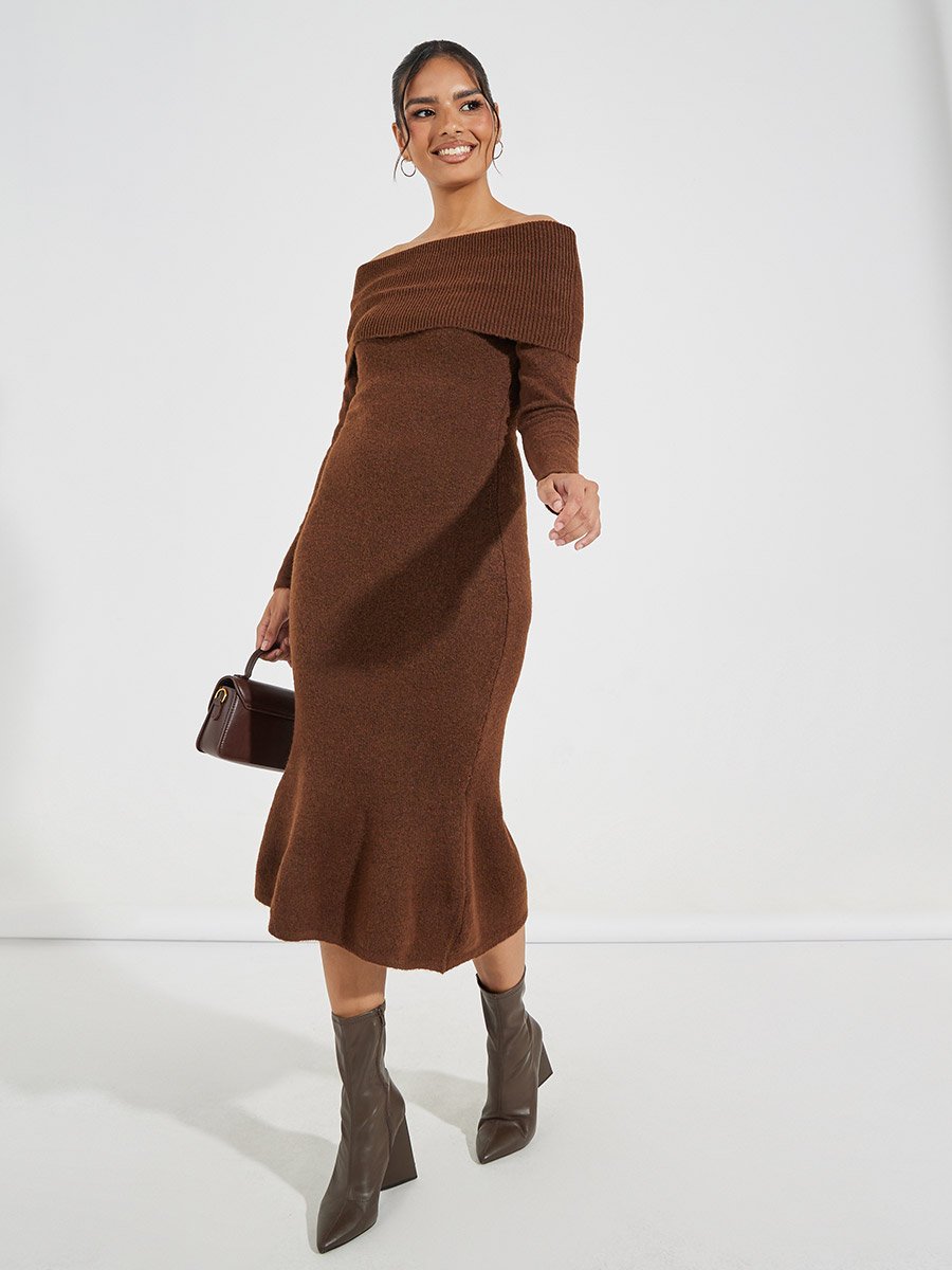 Off Shoulder Mermaid Hem Sweater Midi Dress For Women at Saudi | Styli